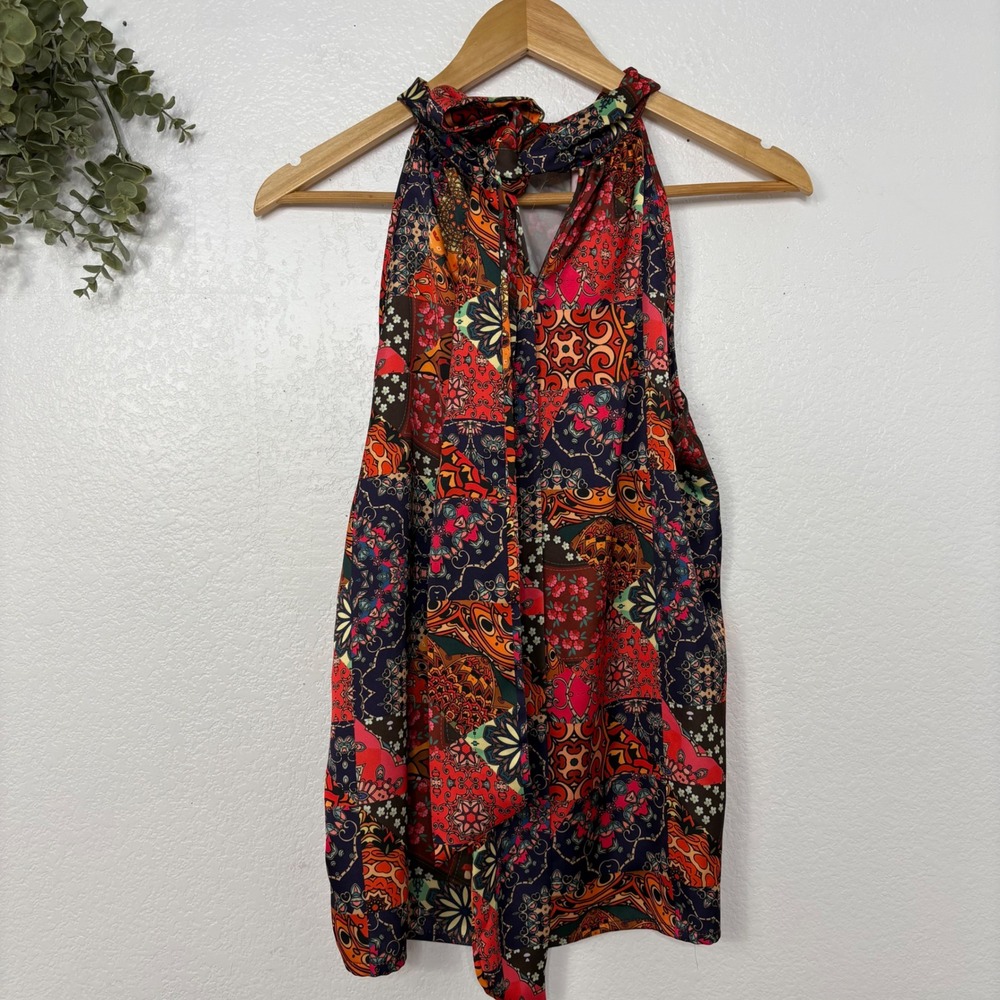 Rachel Zoe Patchwork Print Halter Neck Tie Back Tank Top Womens Large - Picture 4 of 5